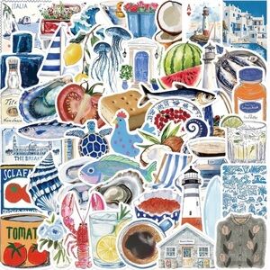 50 Blue Coastal Ocean Stickers Blue White Fishes Lighthouse Shells Drinks Fruit